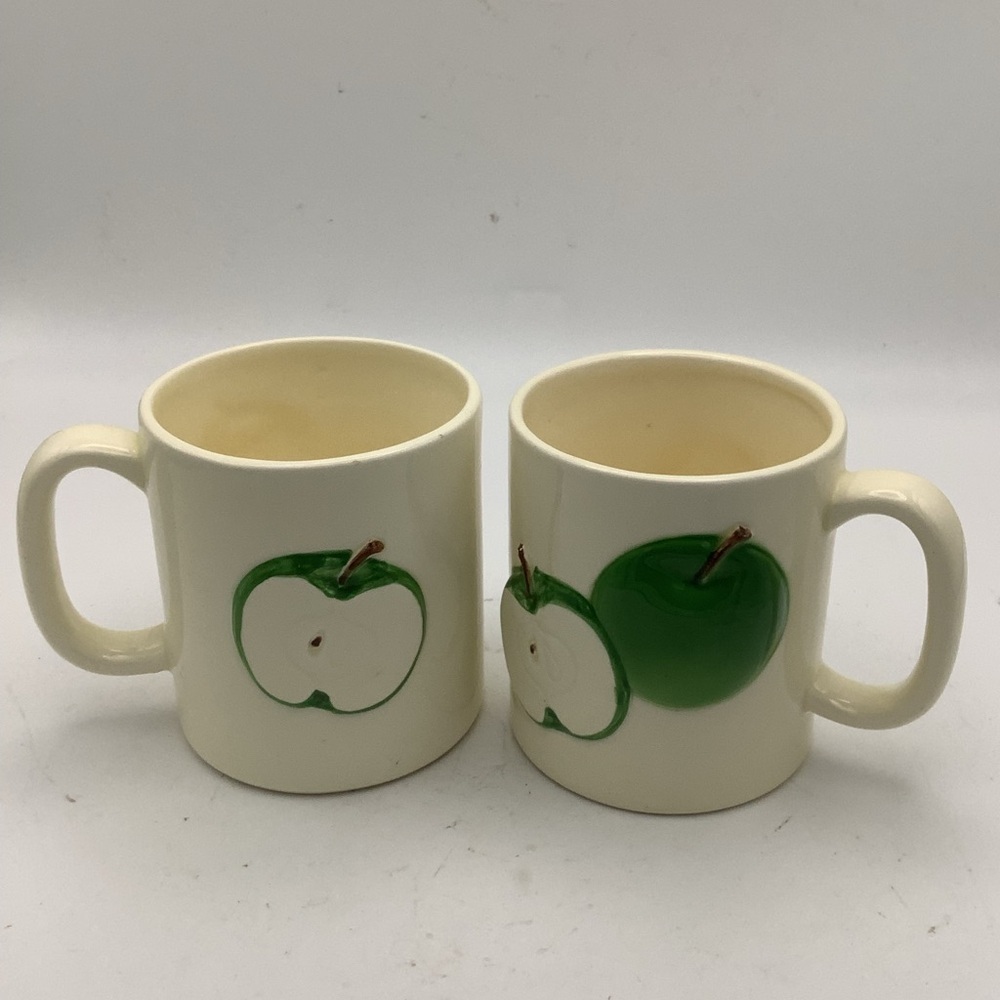 Two Vintage Otagiri Japan Green Apple Pottery Mugs